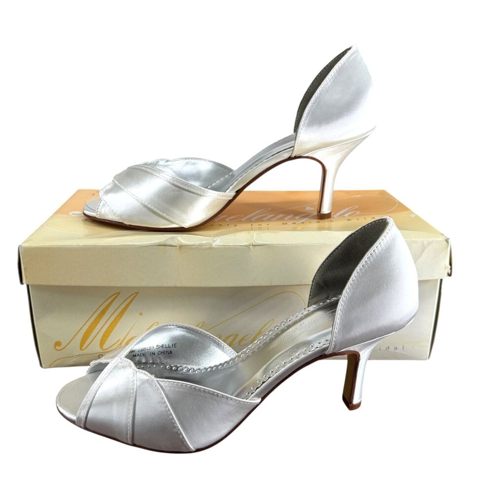 Michelangelo Shellie Satin Heels 9M White Peep Toe Dyeable Pumps Davis'd Bridal - Picture 2 of 14